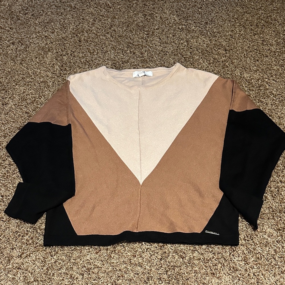 Magaschoni Colorblock Sweater in Black, Cream, and Brown